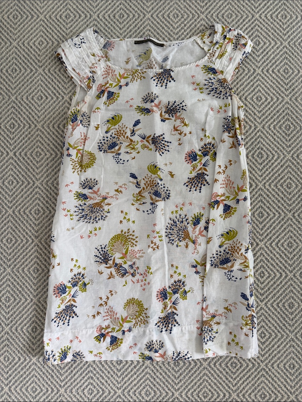 Zara Basic White Dress with Blue, Olive & Pink Floral Print